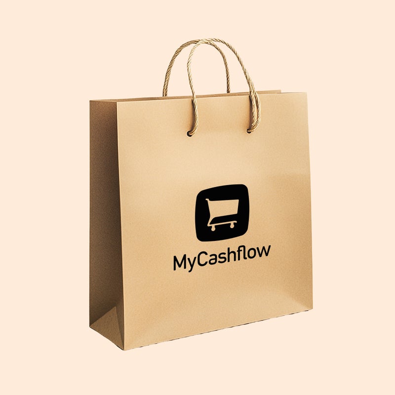 Ruskea paperikassi MyCashflow-logolla